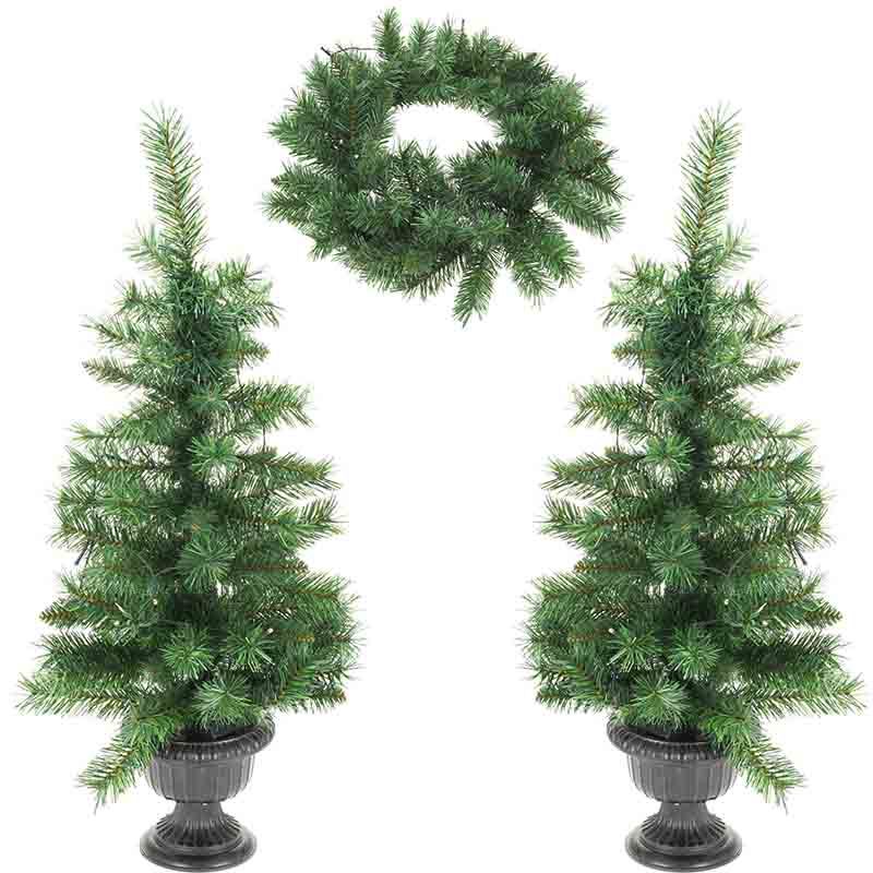 Kerstbomen en kerstkrans met LED - set van 3 stuks