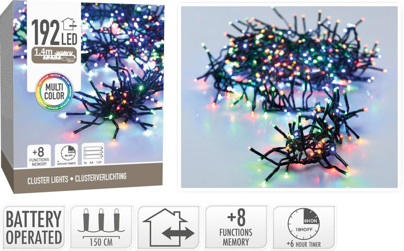 Clusterverlichting 192 led -  1.4m - multicolor - Batterij - Lichtfuncties - Geheugen - Timer