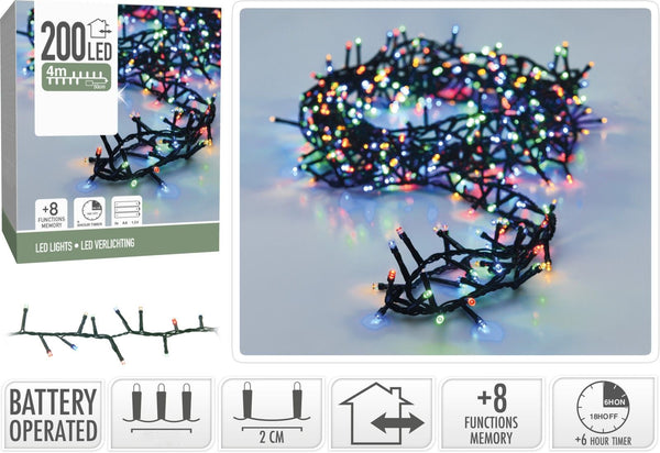 Micro Cluster 200 led - 4m - multicolor - Batterij - Lichtfuncties - Geheugen - Timer