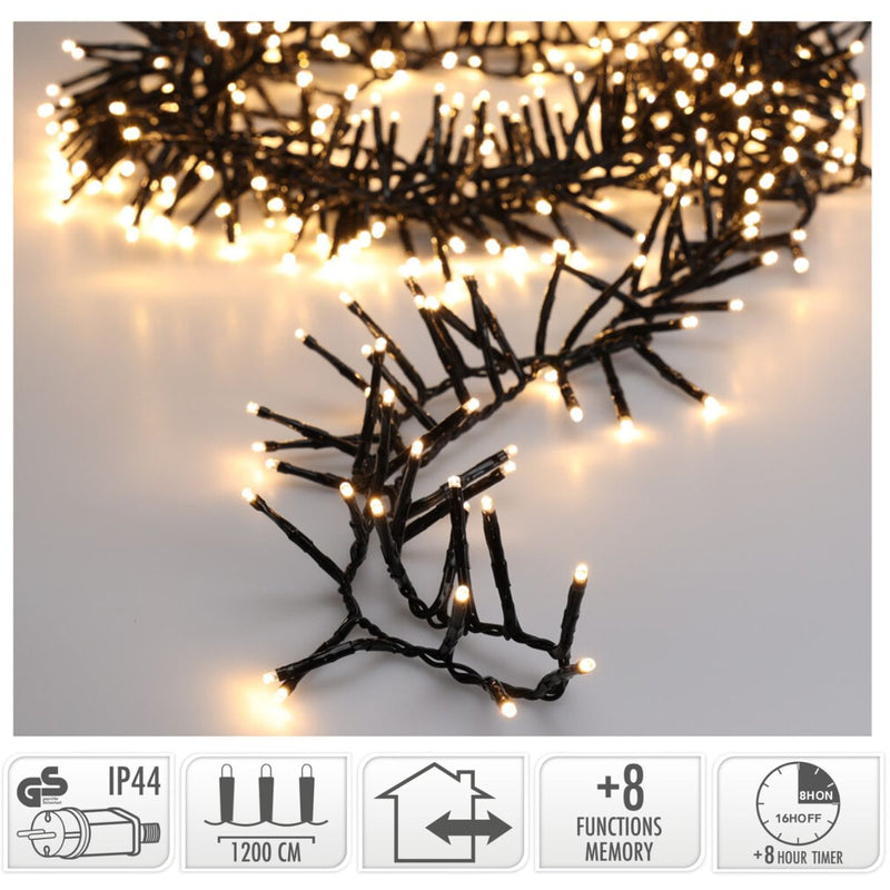 Maxi Cluster Kerstverlichting - 800 led - 12m - warm wit - Timer - Lichtfuncties - Geheugen - Buite