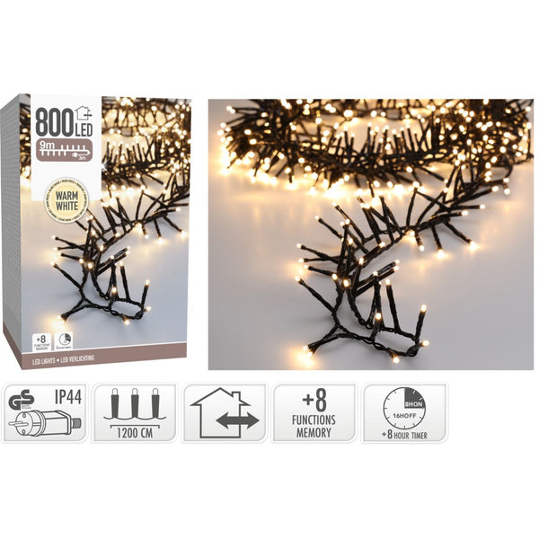 Maxi Cluster Kerstverlichting - 800 led - 12m - warm wit - Timer - Lichtfuncties - Geheugen - Buite