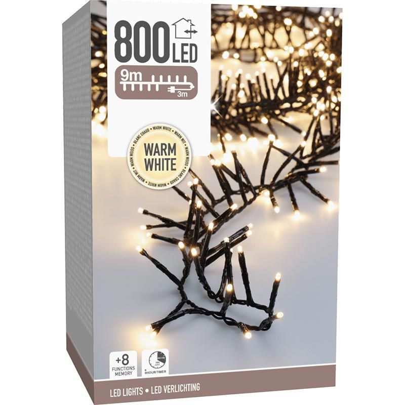 Maxi Cluster Kerstverlichting - 800 led - 12m - warm wit - Timer - Lichtfuncties - Geheugen - Buite