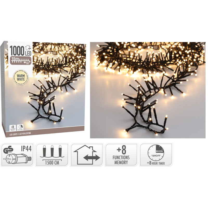 Maxi Cluster Kerstverlichting - 1000 led - 15m - warm wit - Timer - Lichtfuncties - Geheugen - Buit