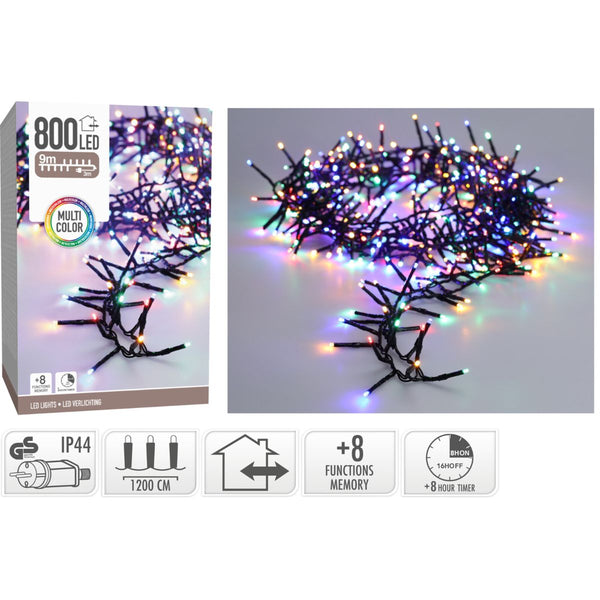 Maxi Cluster Kerstverlichting - 800 led - 12m - multicolor - Timer - Lichtfuncties - Geheugen - Bui