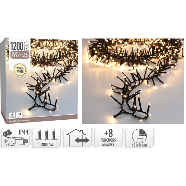 Maxi Cluster Kerstverlichting - 1200 led - 18m - warm wit - Timer - Lichtfuncties - Geheugen - Buit