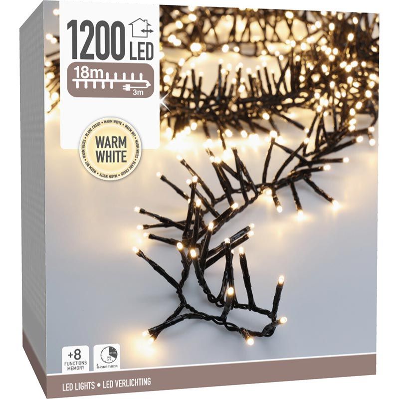 Maxi Cluster Kerstverlichting - 1200 led - 18m - warm wit - Timer - Lichtfuncties - Geheugen - Buit