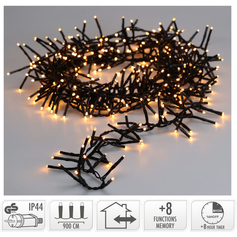 Maxi Cluster Kerstverlichting - 600 led - 9m - extra warm wit - Timer - Lichtfuncties - Geheugen -