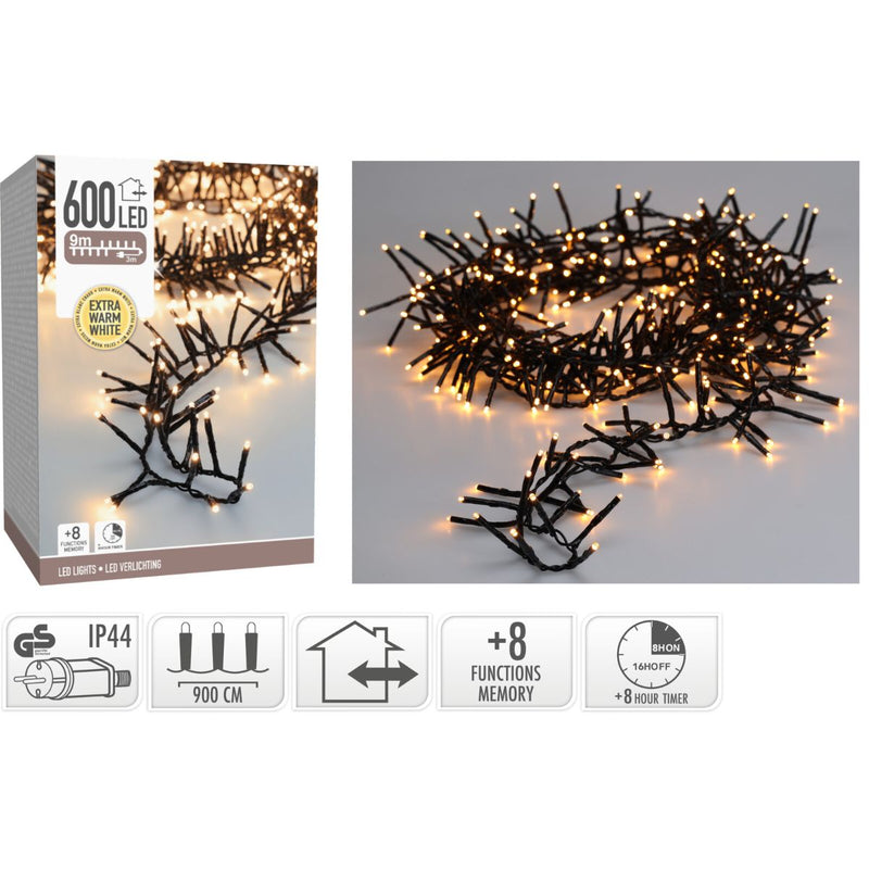 Maxi Cluster Kerstverlichting - 600 led - 9m - extra warm wit - Timer - Lichtfuncties - Geheugen -
