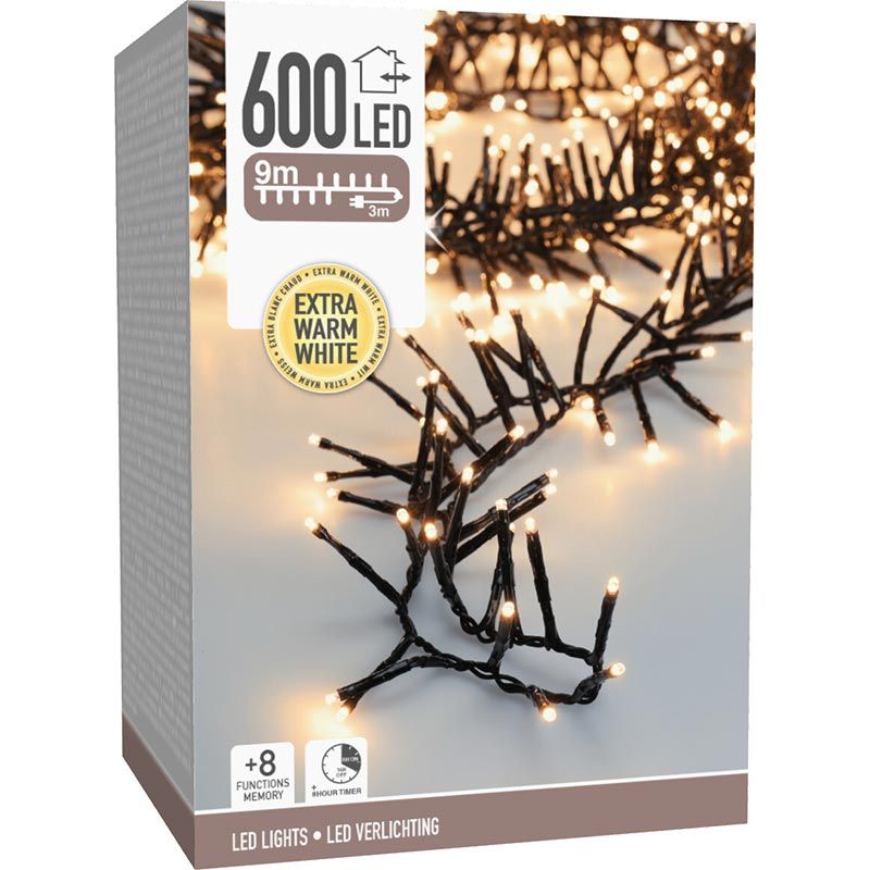 Maxi Cluster Kerstverlichting - 600 led - 9m - extra warm wit - Timer - Lichtfuncties - Geheugen -