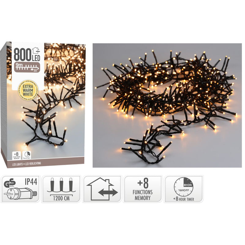 Maxi Cluster Kerstverlichting - 800 led - 12m - extra warm wit - Timer - Lichtfuncties - Geheugen -