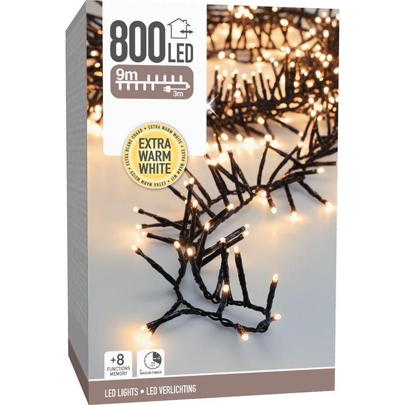 Maxi Cluster Kerstverlichting - 800 led - 12m - extra warm wit - Timer - Lichtfuncties - Geheugen -