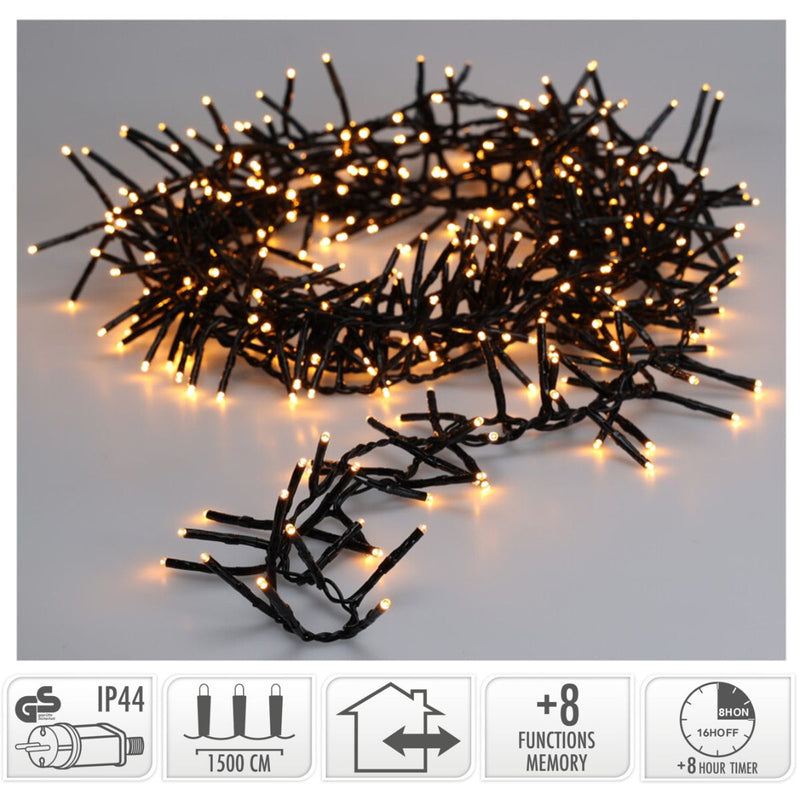 Maxi Cluster Kerstverlichting - 1000 led - 15m - extra warm wit - Timer - Lichtfuncties - Geheugen