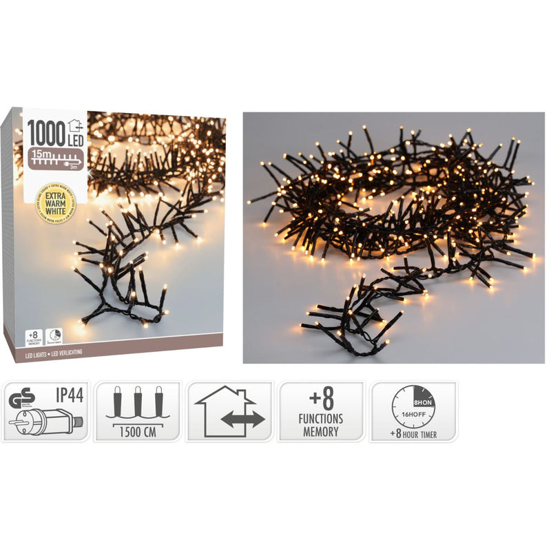 Maxi Cluster Kerstverlichting - 1000 led - 15m - extra warm wit - Timer - Lichtfuncties - Geheugen