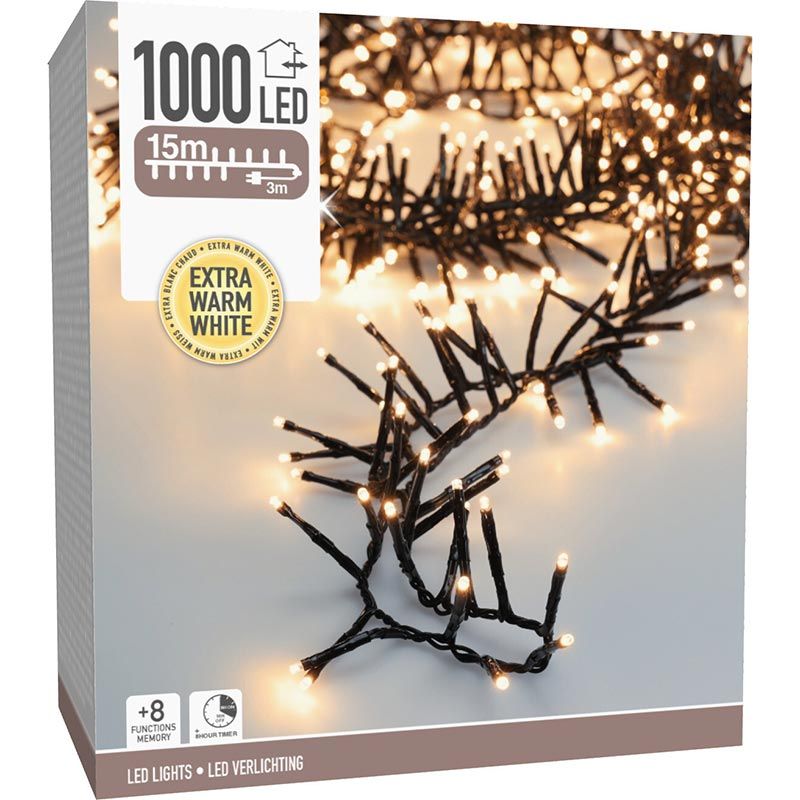 Maxi Cluster Kerstverlichting - 1000 led - 15m - extra warm wit - Timer - Lichtfuncties - Geheugen