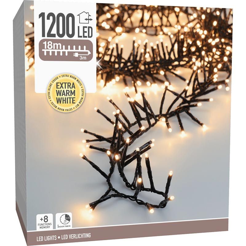 Maxi Cluster Kerstverlichting - 1200 led - 18m - extra warm wit - Timer - Lichtfuncties - Geheugen