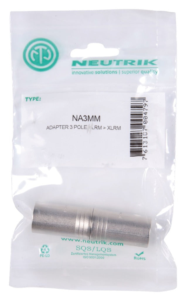 Neutrik NTR-NA3MM Xlr Adapter Xlr 3-pins Male - Xlr 3-pins Male Zilver