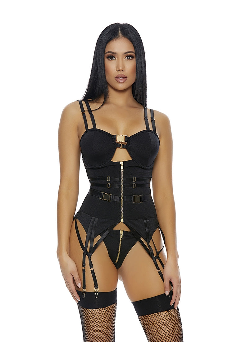 On Your Buckle List Bustier Set - Black - S - Medium