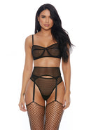 Overnight Vixen Bra, Garter Belt and Panty - Black - XL