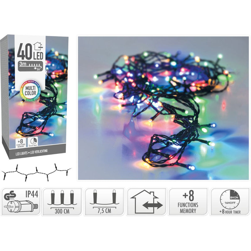 Kerstverlichting 40 led- 3m - multicolor - Timer - Lichtfuncties - Geheugen - Buiten