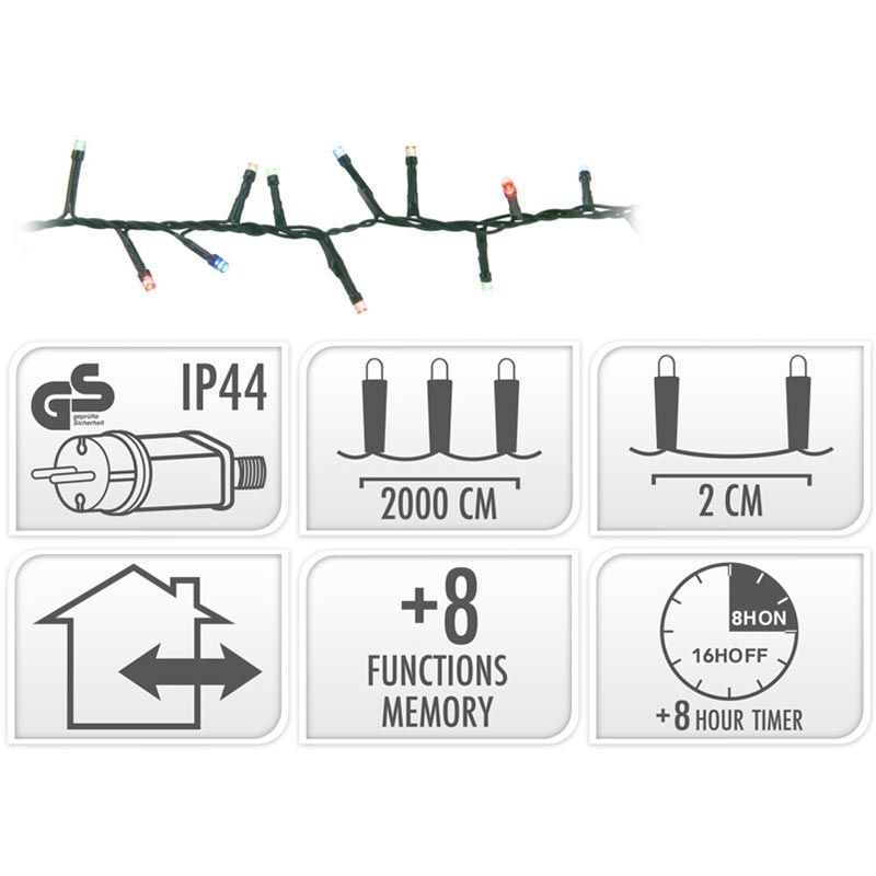 Microcluster - 1000 led - 20m - multicolor - Timer - Lichtfuncties - Geheugen - Buiten