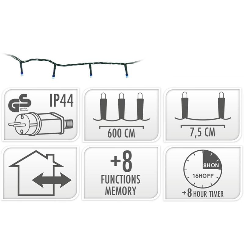 Kerstverlichting 80 led- 6m - blauw - Timer - Lichtfuncties - Geheugen - Buiten