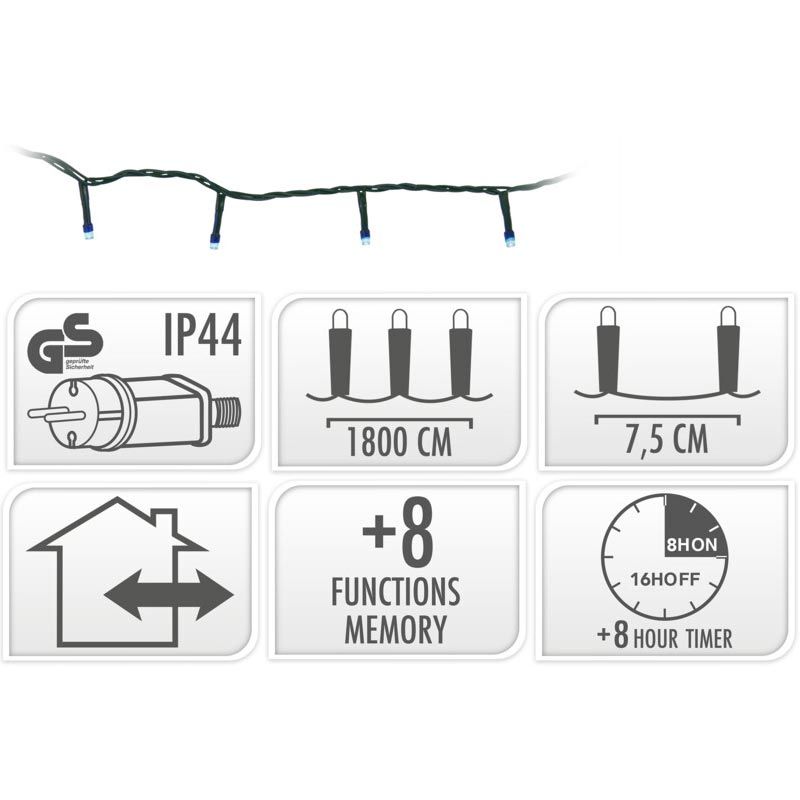 Kerstverlichting 240 led- 18m - Blauw - Timer - Lichtfuncties - Geheugen - Buiten