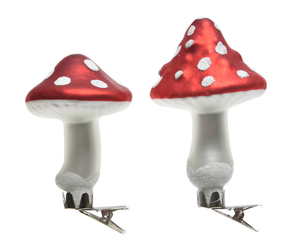 Kerstbal Glas Paddestoel op clip 9.00cm 3 stuks - Rood 2ass.