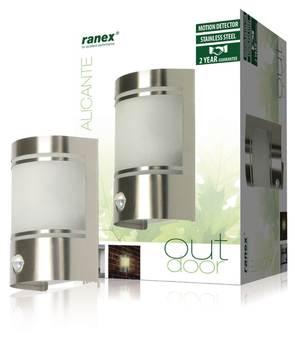 Ranex Ra-5000299 Wandlamp met Bewegingsmelder Geborsteld Rvs Glas (5000.299)