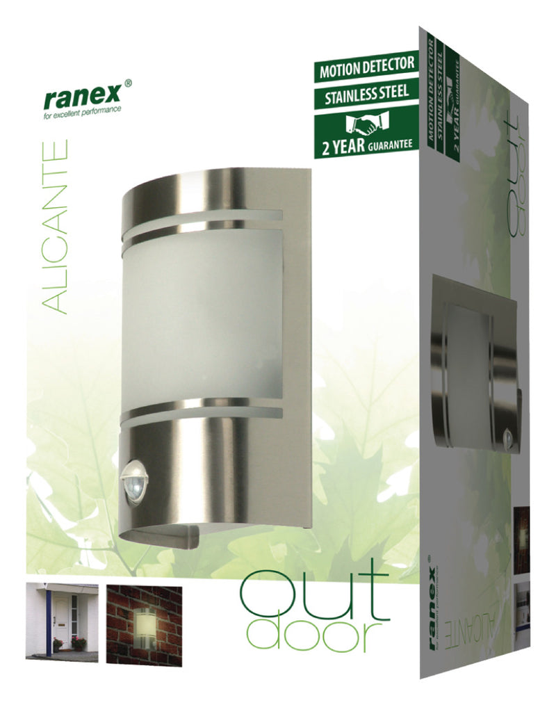 Ranex Ra-5000299 Wandlamp met Bewegingsmelder Geborsteld Rvs Glas (5000.299)