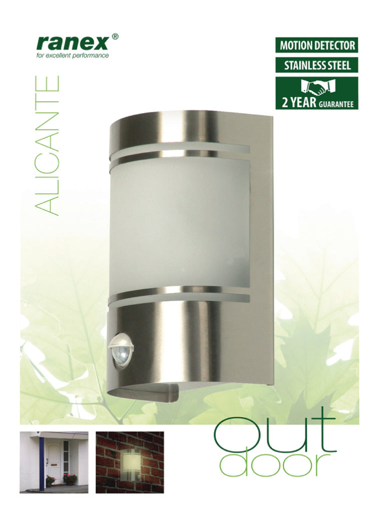 Ranex Ra-5000299 Wandlamp met Bewegingsmelder Geborsteld Rvs Glas (5000.299)
