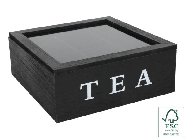 Theekist hout 9 vaks zwart met fluweel