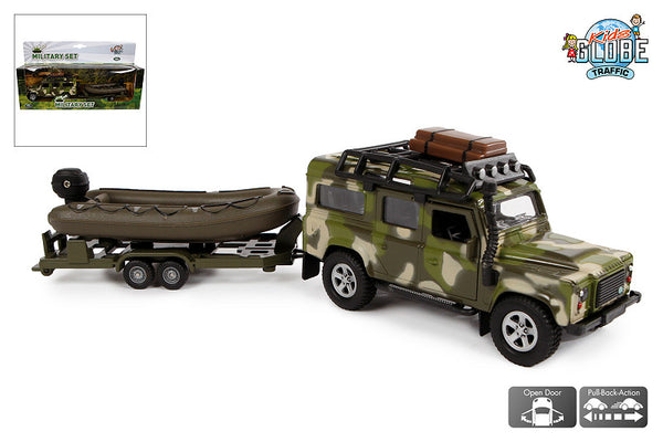 Kids Globe Die-cast Land Rover met Aanhanger en Boot Leger