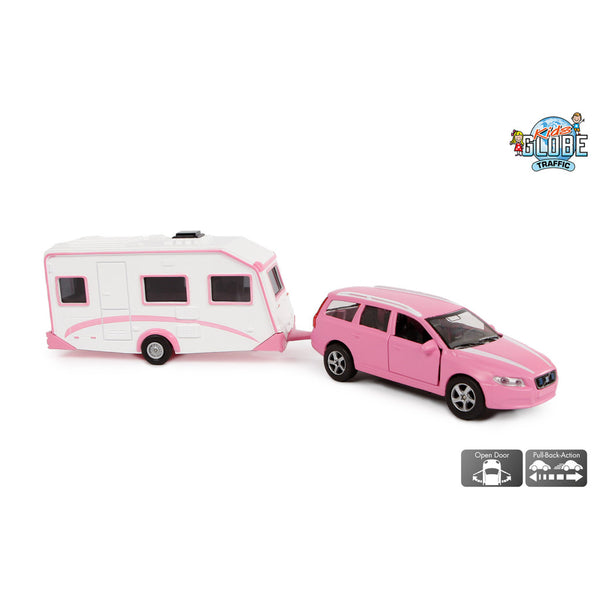 Kids Globe Die-cast Volvo V70 met Caravan - Roze, 30cm