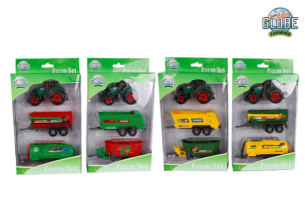 Kids Globe tractor set 3-delig die cast freewheel 4ass 22cm