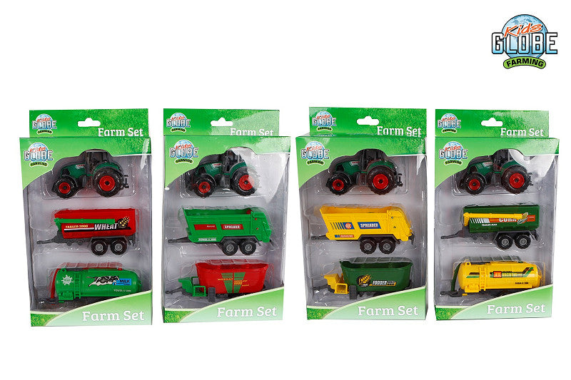 Kids Globe tractor set 3-delig die cast freewheel 4ass 22cm