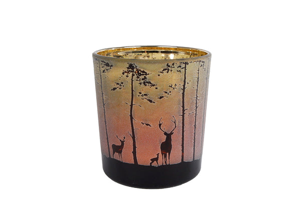 Theelichthouder Forest met Afbeelding Hert in Bos Groen/Rood Glas 7,5x7,5x8cm