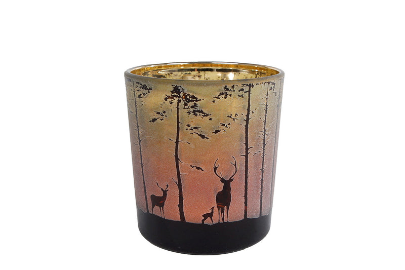 Theelichthouder Forest met Afbeelding Hert in Bos Groen/Rood Glas 7,5x7,5x8cm