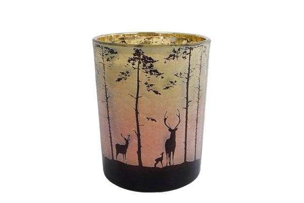 Theelichthouder Forest Hert in Bos Groen/Rood Glas 12.5x10x10cm