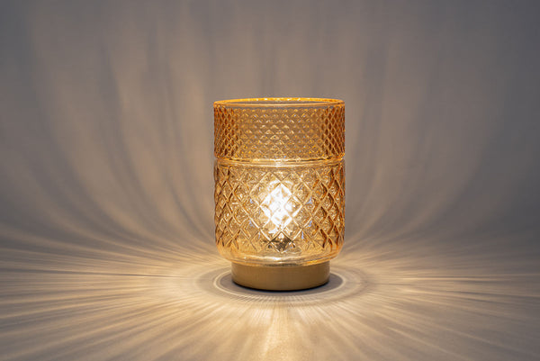 LED Lamp glas Relief op gouden voet Amber 12x17cm incl. time