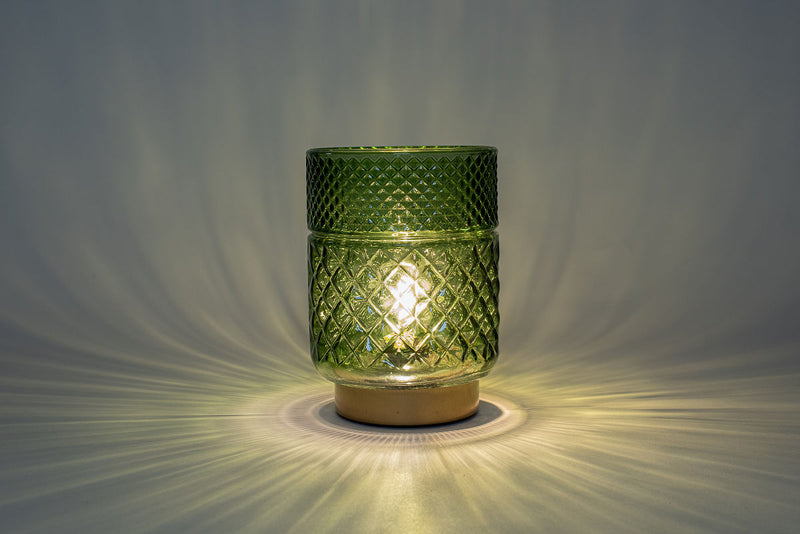 LED Lamp glas Relief op gouden voet Groen 12x17cm incl. time