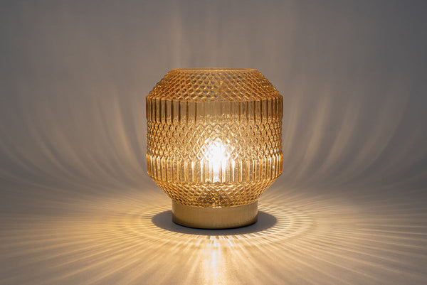 LED Lamp glas Relief op gouden voet Amber 16x17cm incl. time