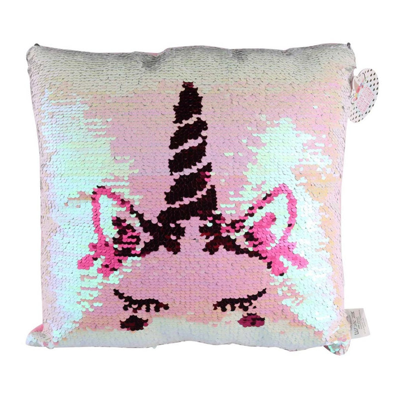 Eenhoorn Kussen met Pailletten 30x30 cm Wit/Roze/Zilver