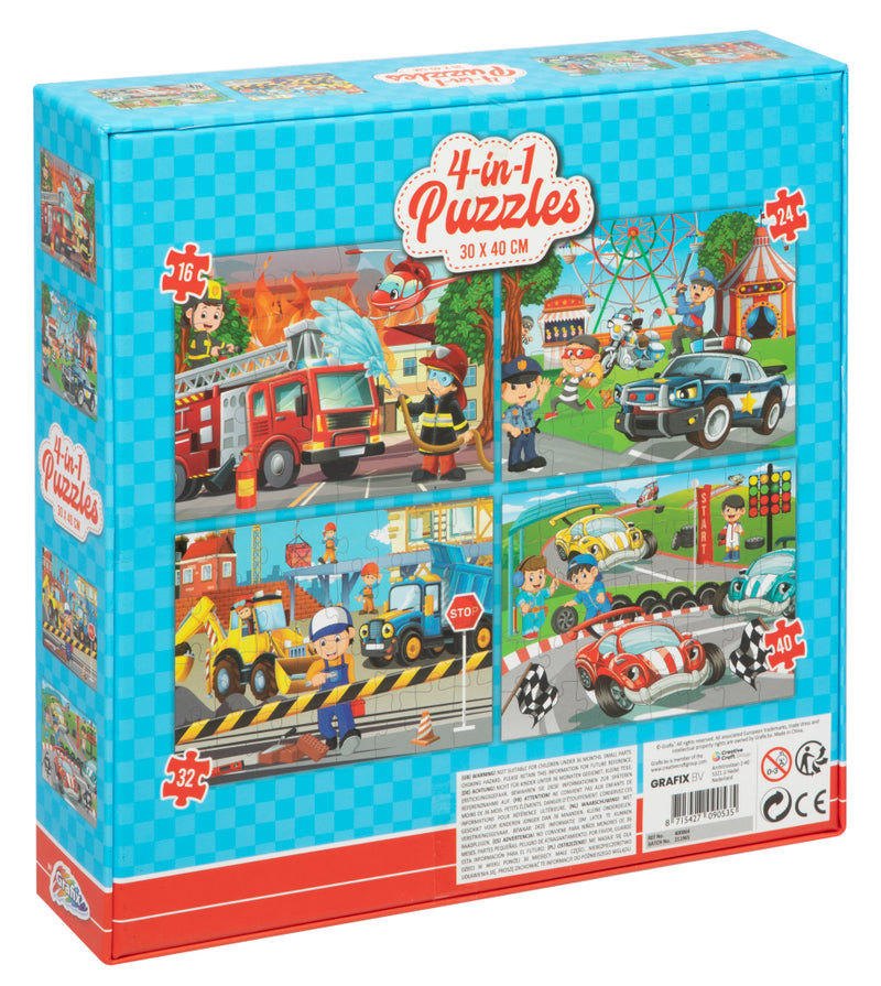 Grafix 4-in-1 Puzzel Brandweer Politie Racen en Bouwen