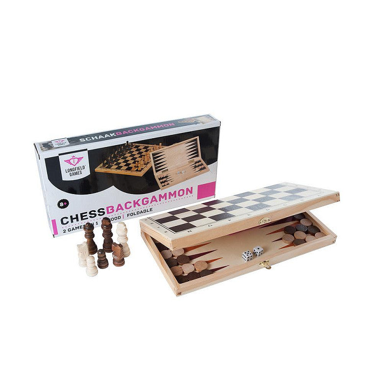 Longfield Schaak en Backgammon Houten Cassette 30x16x4 cm