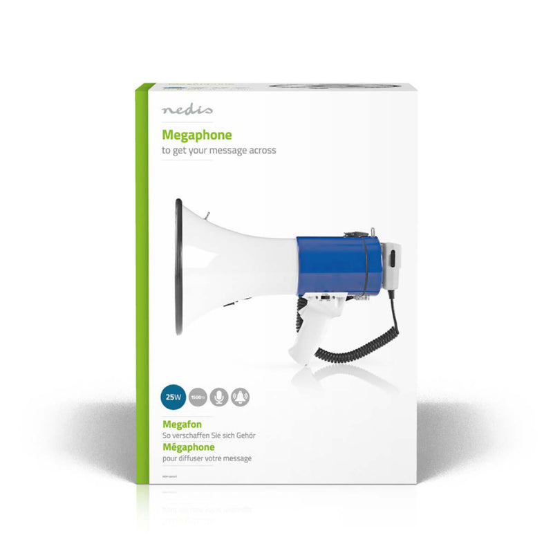 Nedis MEPH200WT Megafoon 25 W Bereik Van 1500 M Afneembare Microfoon Wit/blauw