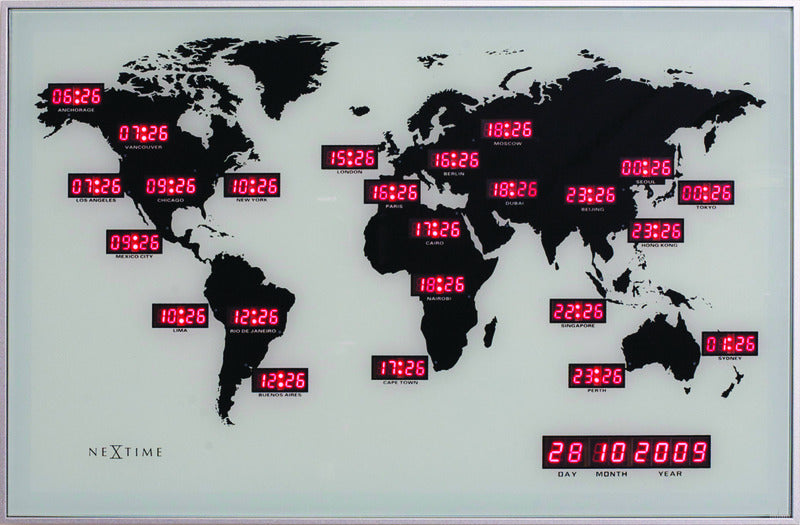 NeXtime NE-2897 Wandklok 55 X 36 Cm, Alu, World Time Digit