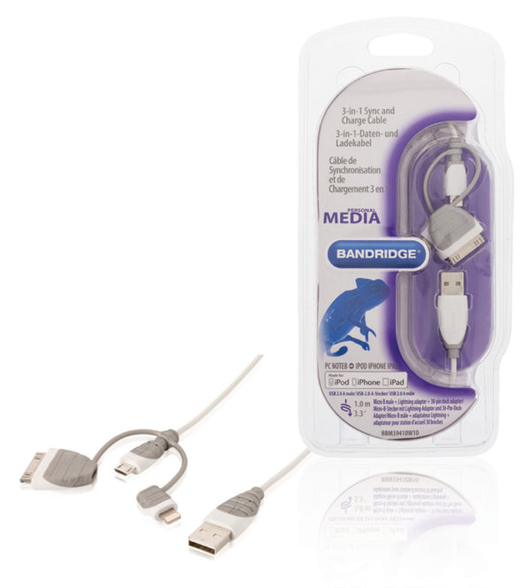 Bandridge BBM39410W10 3-in-1 Data En Oplaadkabel Usb Micro-b Male + Dockadapter + Lightningadapter