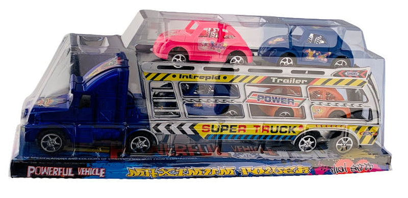 Vrachtwagen met trailer en 4 autos +/- 35cm