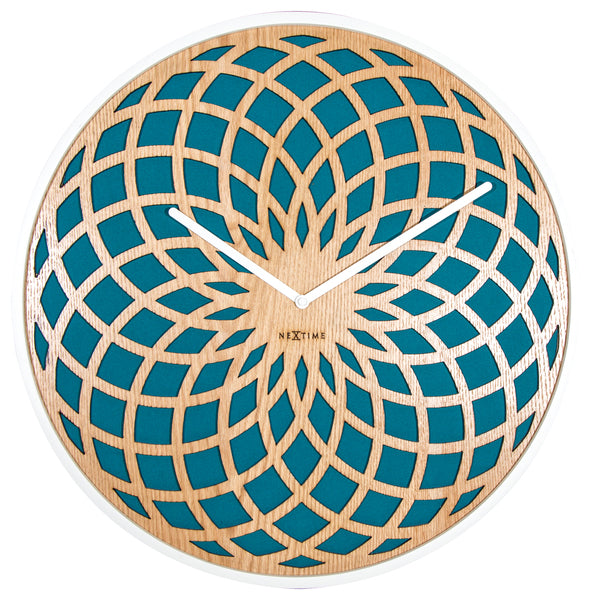 NeXtime NE-3149TQ Wandklok Dia. 50 Cm, Hout & Stof, Turquoise, 'Sun Big'