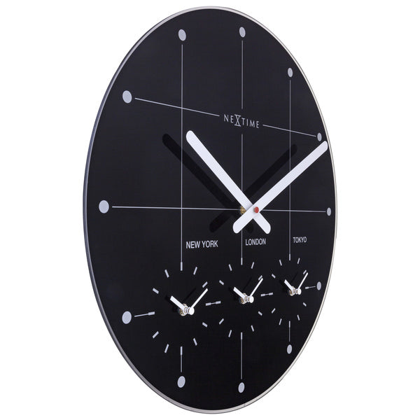 NeXtime NE-8197ZW Wereldtijden Klok - Stille Wandklok - 43cm - Zwart - Glazen Klok - - "Big City"